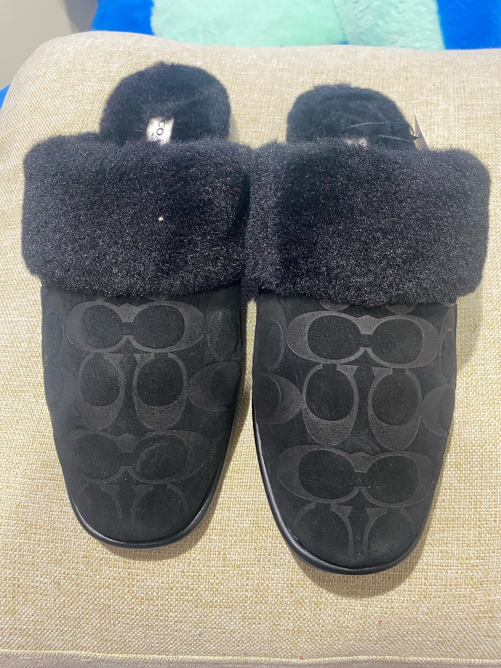 Coach Black Faux-Fur Clog Slide Slippers with Signature 'C' Jacquard